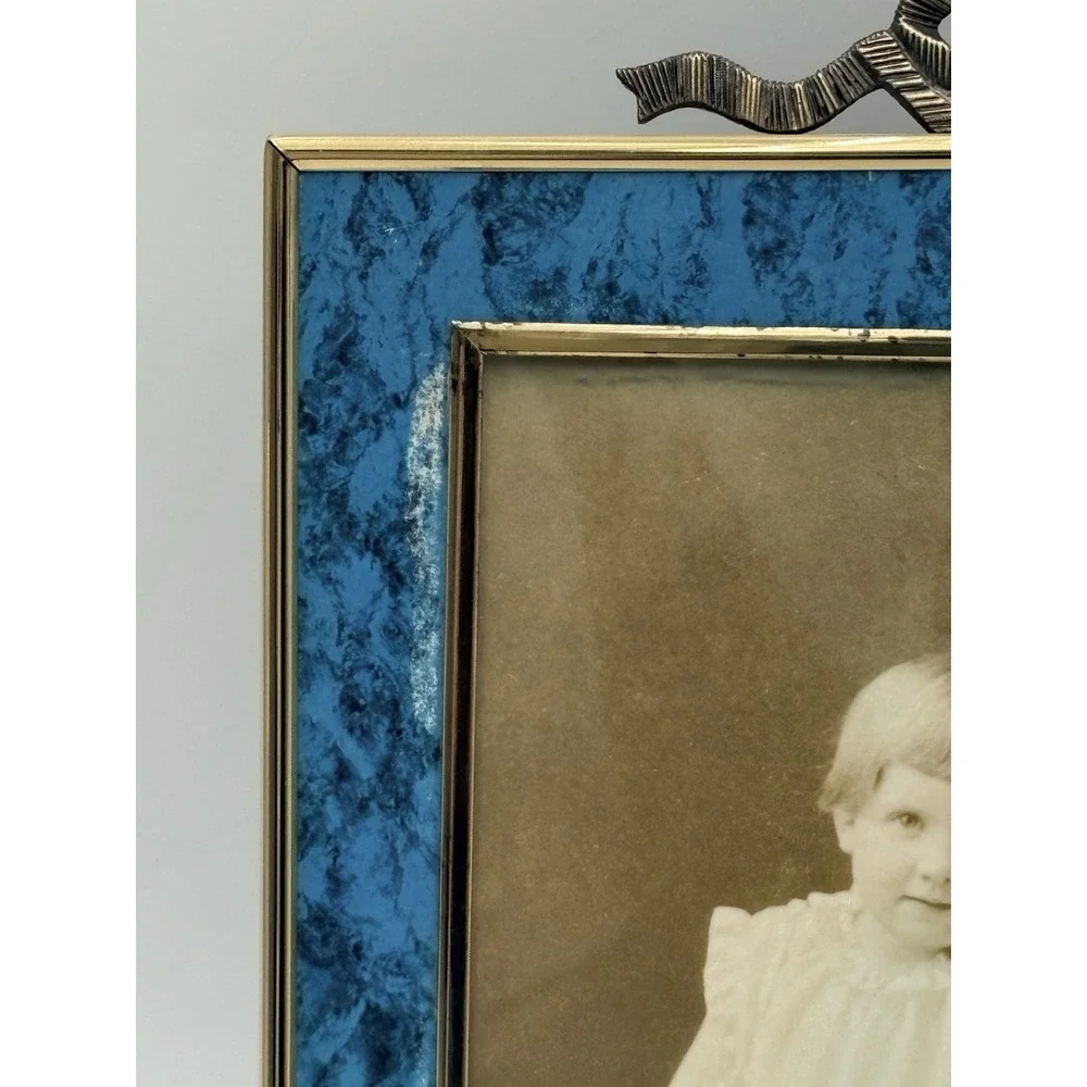 Burnes Blue Faux Marble Picture Frame 8x10 Brass Tone Ribbon Bow Korea